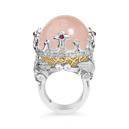 14k White Gold Pink Quartz Crystal Ball and Diamond Ruby Crown Shaped Cocktail Ring (f-g Color Si1-si2 Clarity) - Size