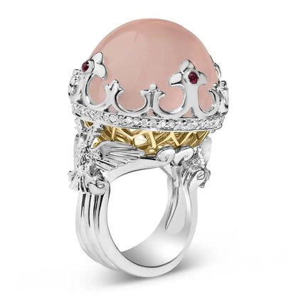 14k White Gold Pink Quartz Crystal Ball and Diamond Ruby Crown Shaped Cocktail Ring (f-g Color Si1-si2 Clarity) - Size