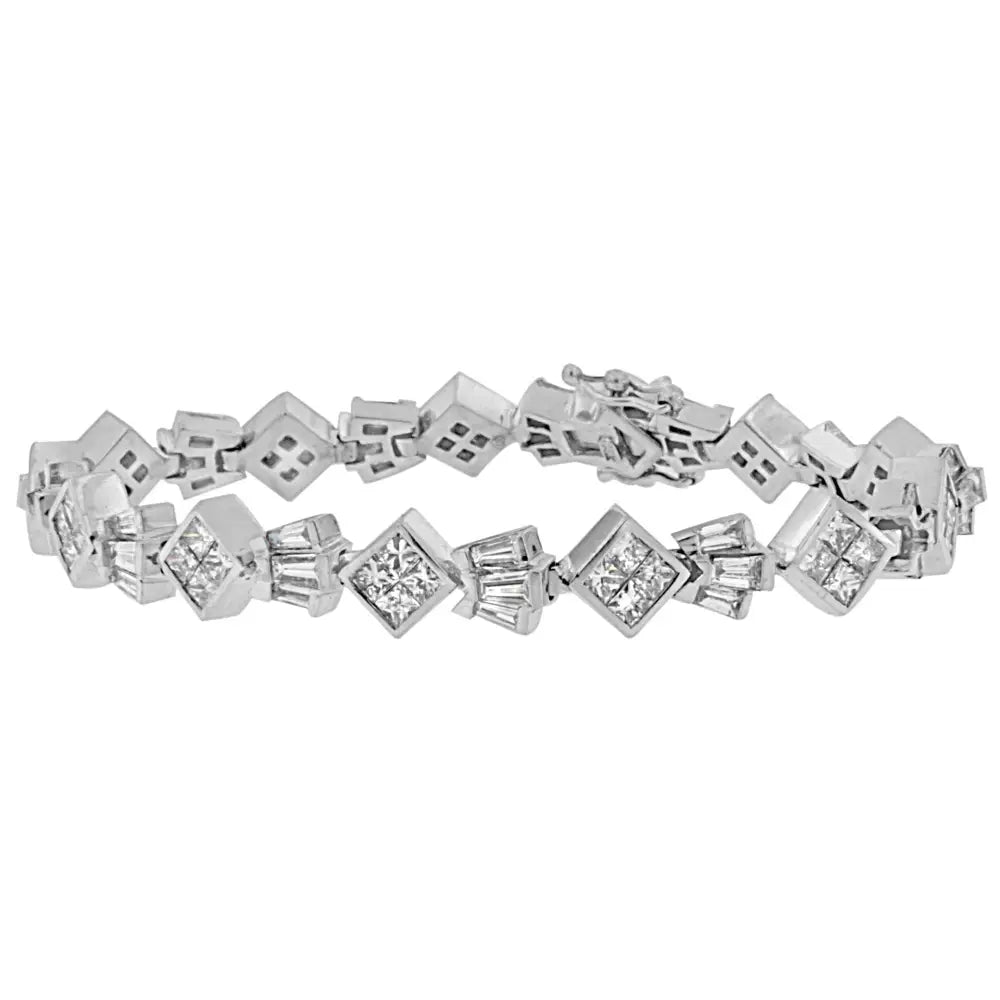 14k White Gold Princess and Baguette Cut Diamond Crown Link Bracelet (7 1/6 Cttw G-h Color Vs1-vs2 Clarity) - Fine