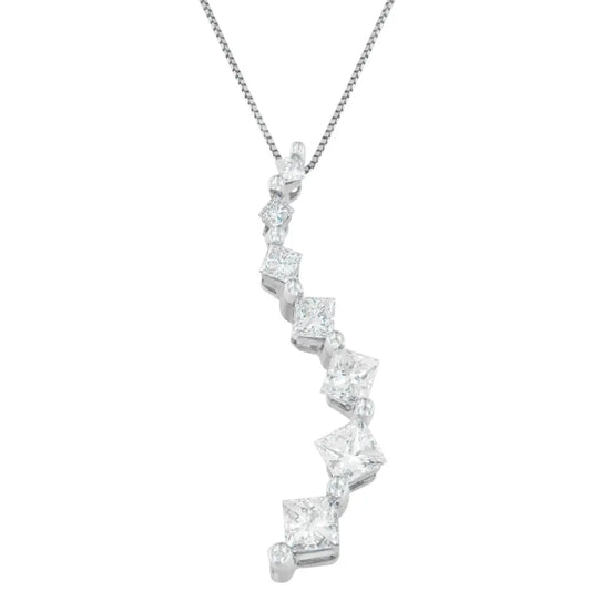 14k White Gold Princess and Baguette Cut Diamond Journey Pendant Necklace (1.00 Cttw H-i Color I1-i2 Clarity) - Fine