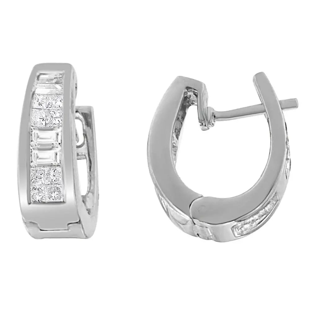 14k White Gold Princess and Baguette-cut Diamond Long Hoop Earrings(0.50 Cttw,i-j Color,vs1-vs2 Clarity) - Fine Jewelry