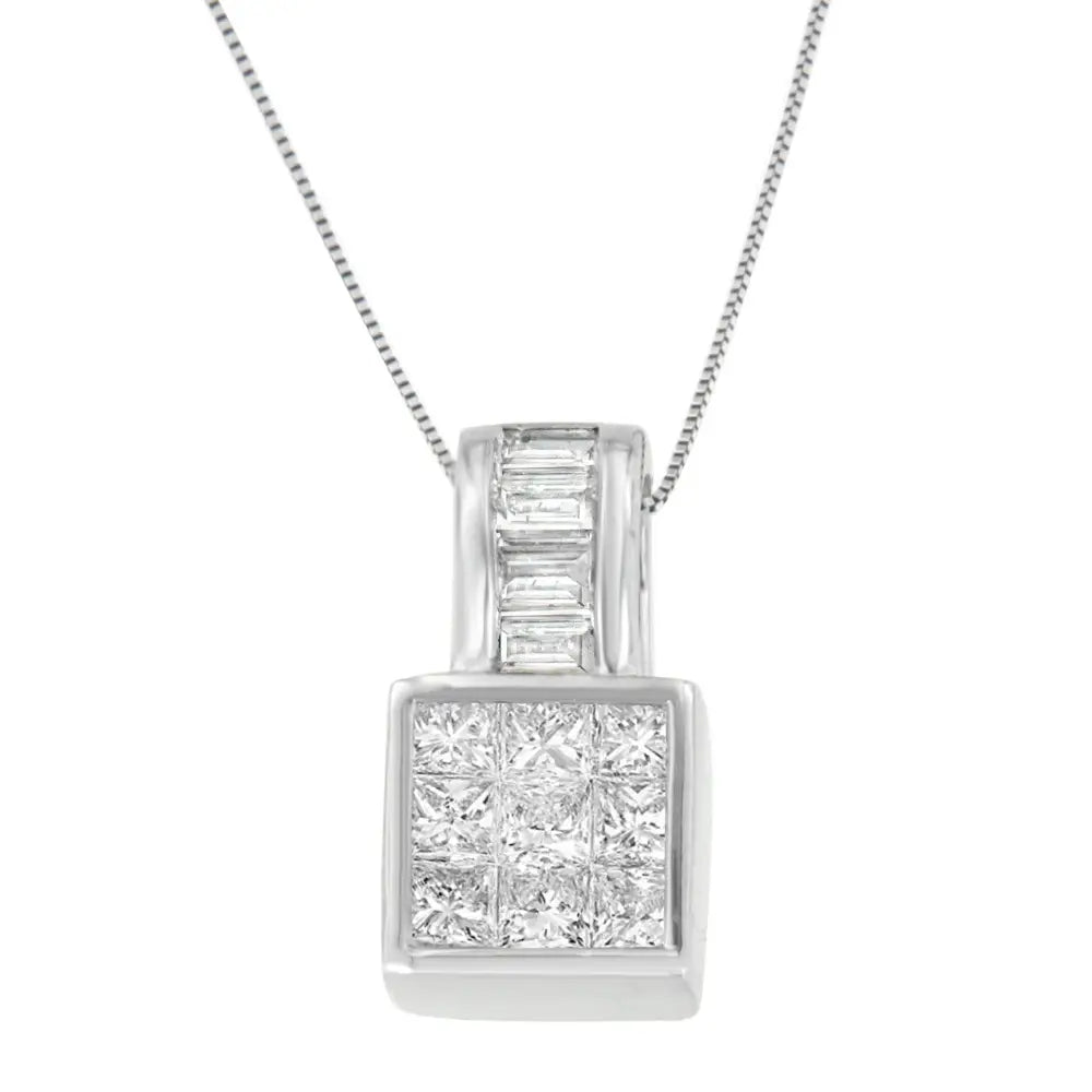 14k White Gold Princess and Baguette Cut Diamond Square Halo Pendant Necklace (1 1/2 Cttw H-i Color Si1-si2 Clarity)