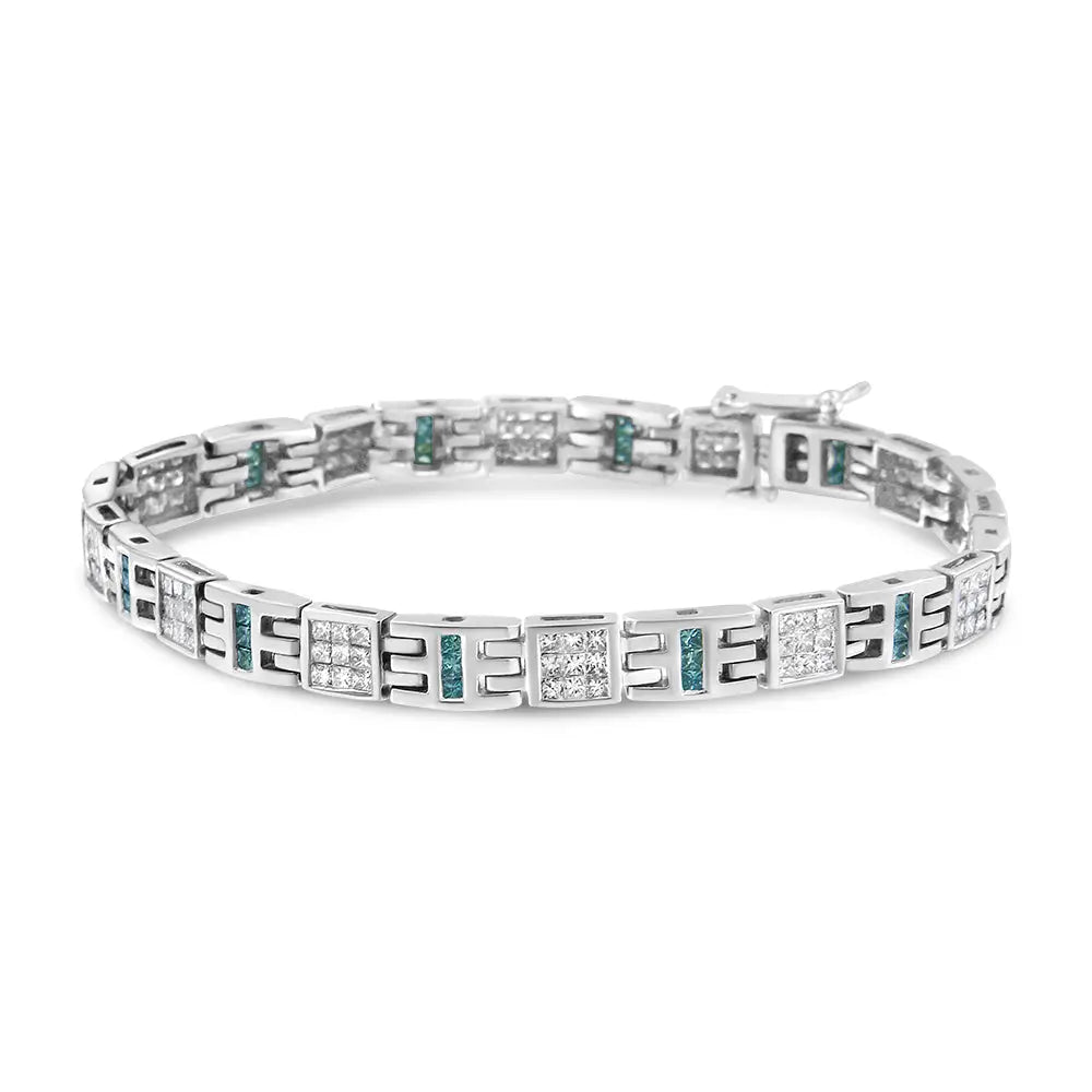 14k White Gold Princess-cut White and Blue Diamond Fashion Bracelet(3.00 Cttw,h-i Color,si1-si2 Clarity) - Fine Jewelry