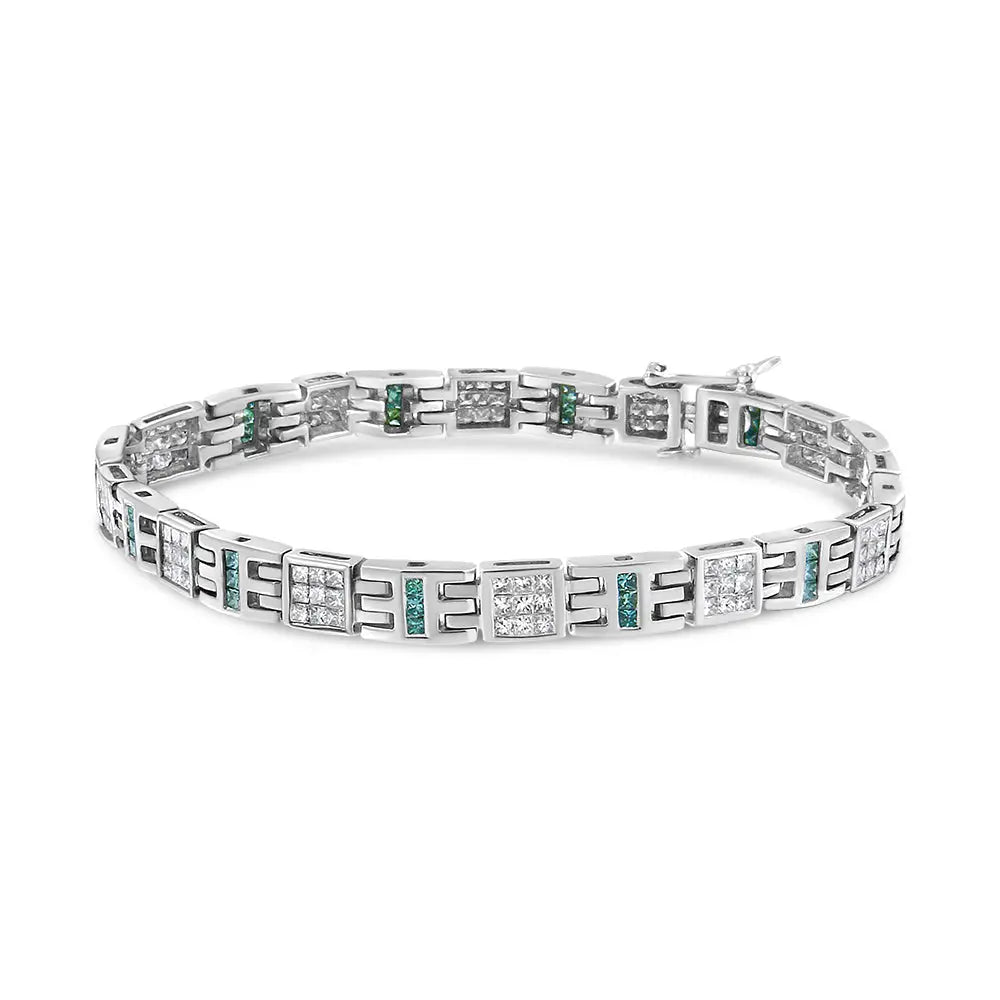 14k White Gold Princess-cut White and Blue Diamond Fashion Bracelet(3.00 Cttw,h-i Color,si1-si2 Clarity) - Fine Jewelry