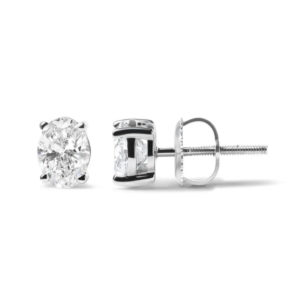 14k White Gold Prong Set Lab Grown Oval Diamond Solitaire Stud Earring (f-g Color Vs1-vs2 Clarity) - 0.75 - Fine