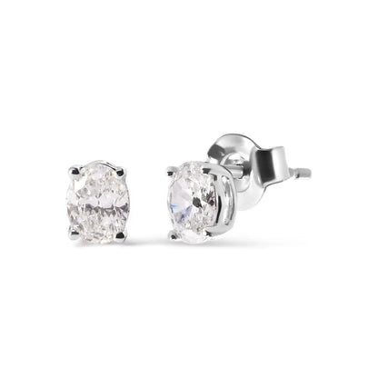 14k White Gold Prong Set Lab Grown Oval Diamond Solitaire Stud Earring (f-g Color Vs1-vs2 Clarity) - 0.75 - Fine