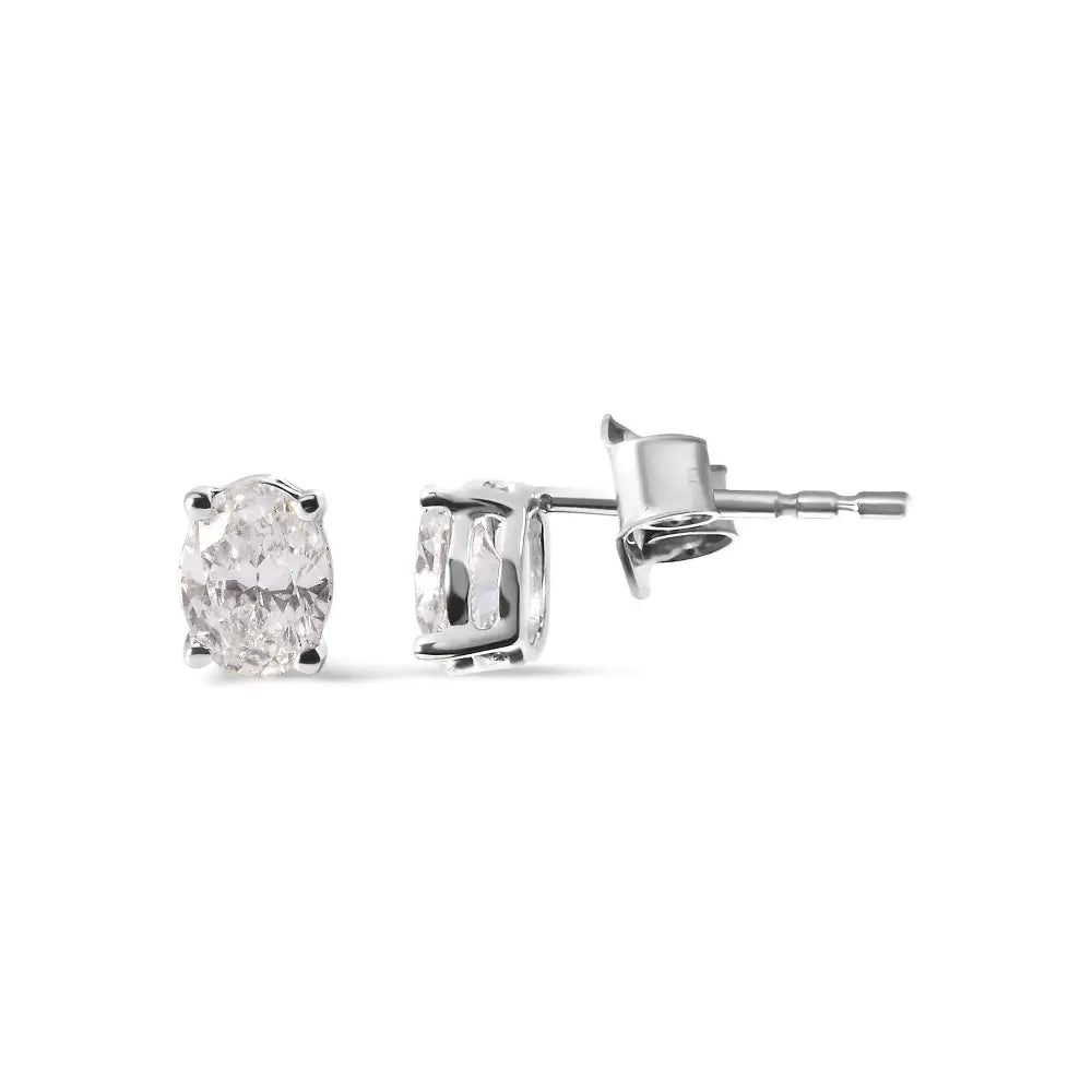 14k White Gold Prong Set Lab Grown Oval Diamond Solitaire Stud Earring (f-g Color Vs1-vs2 Clarity) - 0.75 - Fine