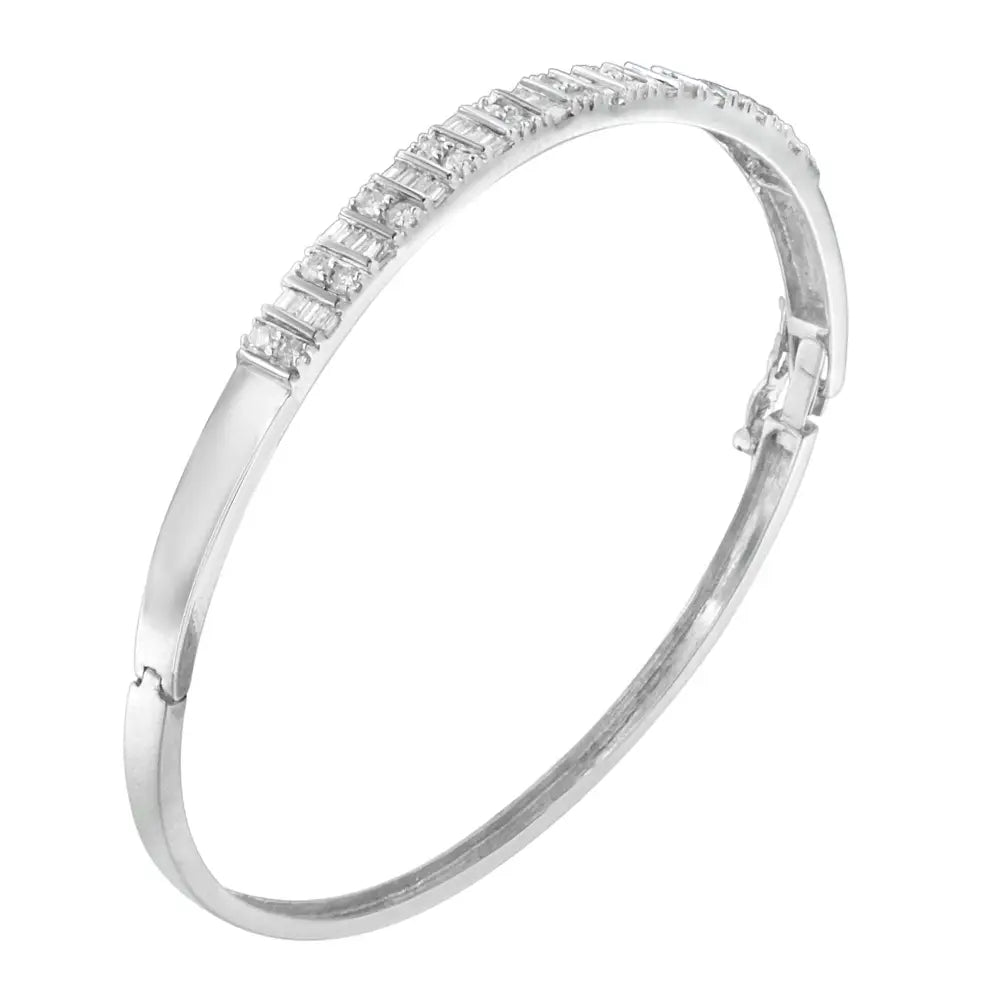 14k White Gold Round and Baguette-cut Diamond Bangle (1 Cttw H-i Color Si2-i1 Clarity) - Fine Jewelry us Direct