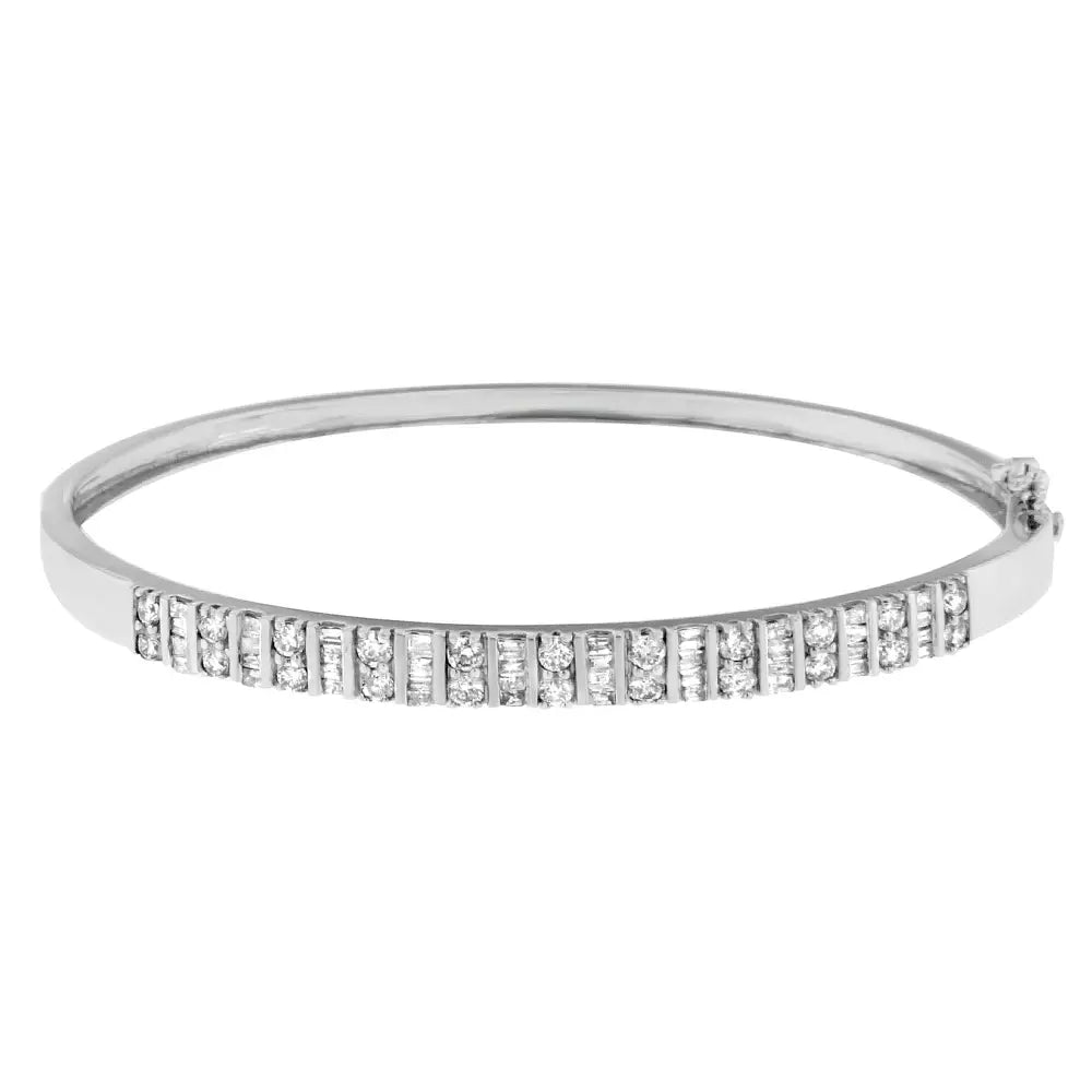 14k White Gold Round and Baguette-cut Diamond Bangle (1 Cttw H-i Color Si2-i1 Clarity) - Fine Jewelry us Direct