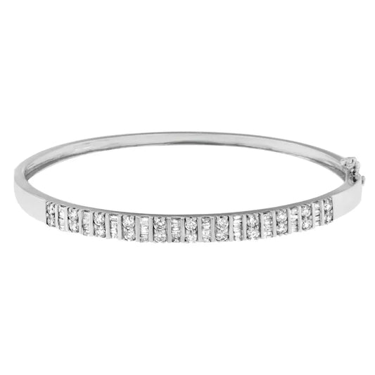 14k White Gold Round and Baguette-cut Diamond Bangle (1 Cttw H-i Color Si2-i1 Clarity) - Fine Jewelry us Direct