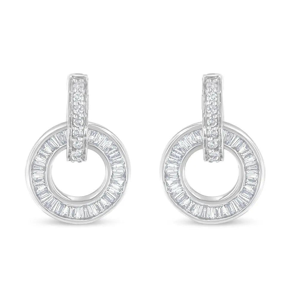 14k White Gold Round and Baguette Cut Diamond Earrings (1 Cttw G-h Color Si1-si2 Clarity) - Fine Jewelry us Direct