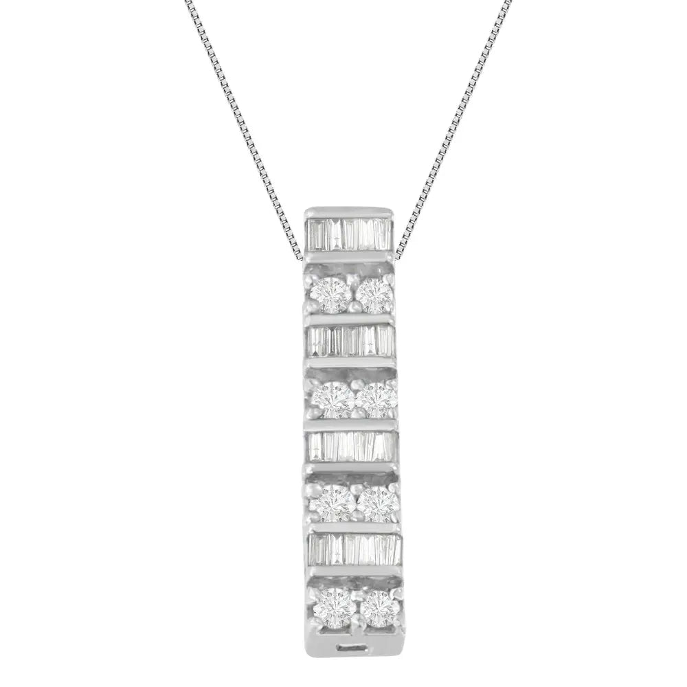 14k White Gold Round and Baguette Cut Diamond Pendant Necklace (5/8 Cttw H-i Color I1-i2 Clarity) - Fine Jewelry