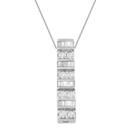 14k White Gold Round and Baguette Cut Diamond Pendant Necklace (5/8 Cttw H-i Color I1-i2 Clarity) - Fine Jewelry