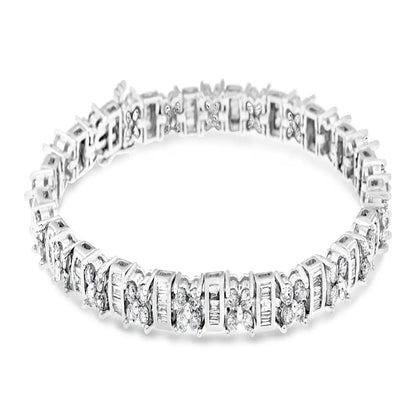 14k White Gold Round and Baguette Cut Floral Link Diamond Bracelet (4.00 Cttw H-i Color Si2-i1 Clarity) - Fine Jewelry