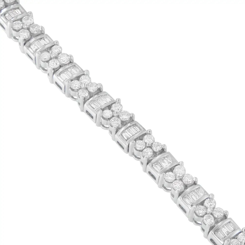 14k White Gold Round and Baguette Cut Floral Link Diamond Bracelet (4.00 Cttw H-i Color Si2-i1 Clarity) - Fine Jewelry