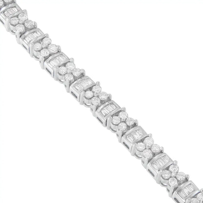 14k White Gold Round and Baguette Cut Floral Link Diamond Bracelet (4.00 Cttw H-i Color Si2-i1 Clarity) - Fine Jewelry