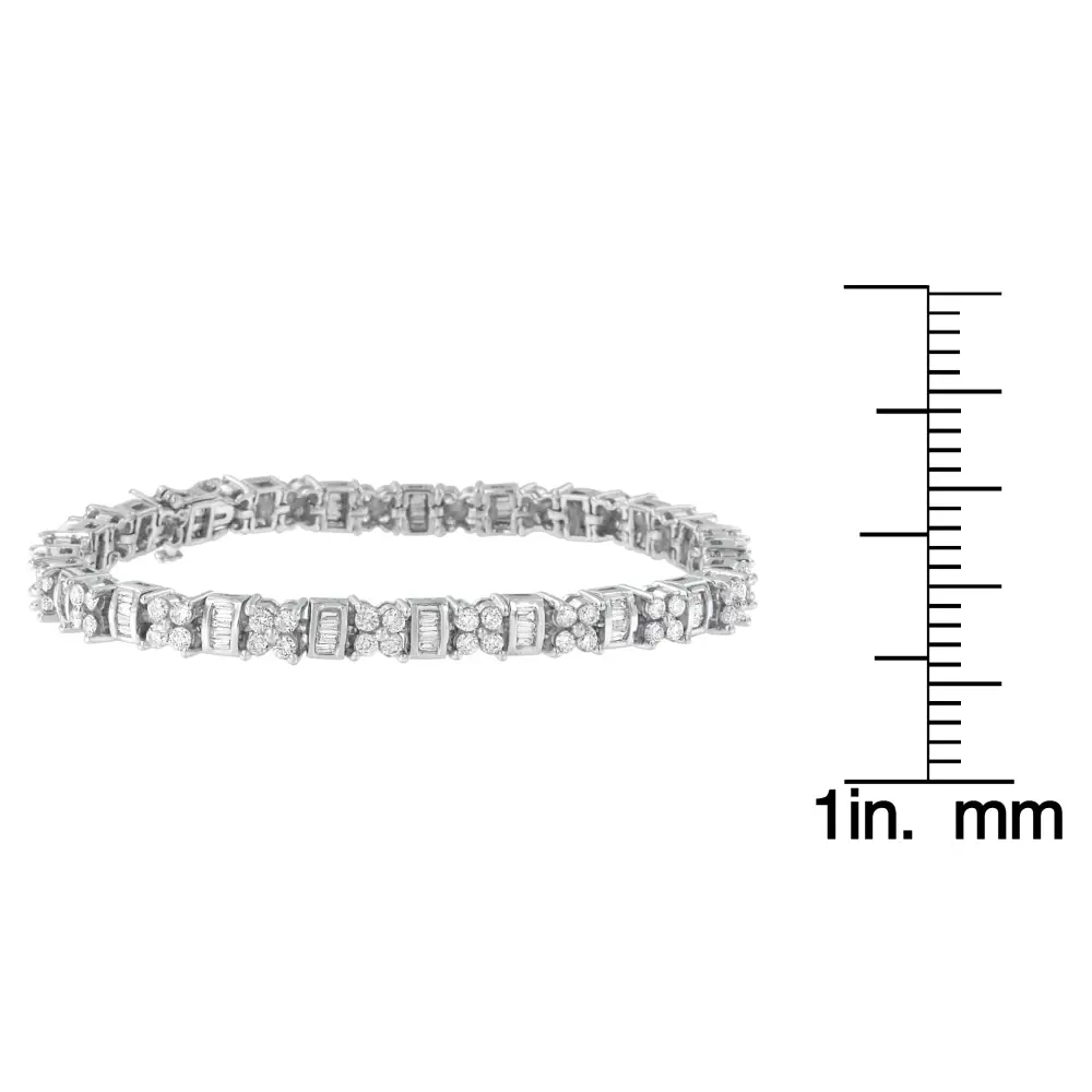 14k White Gold Round and Baguette Cut Floral Link Diamond Bracelet (4.00 Cttw H-i Color Si2-i1 Clarity) - Fine Jewelry