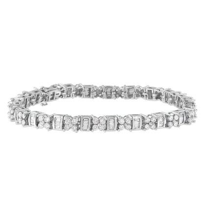 14k White Gold Round and Baguette Cut Floral Link Diamond Bracelet (4.00 Cttw H-i Color Si2-i1 Clarity) - Fine Jewelry