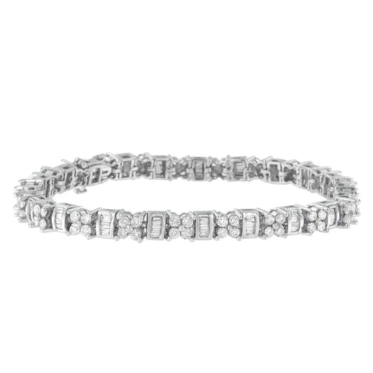 14k White Gold Round and Baguette Cut Floral Link Diamond Bracelet (4.00 Cttw H-i Color Si2-i1 Clarity) - Fine Jewelry