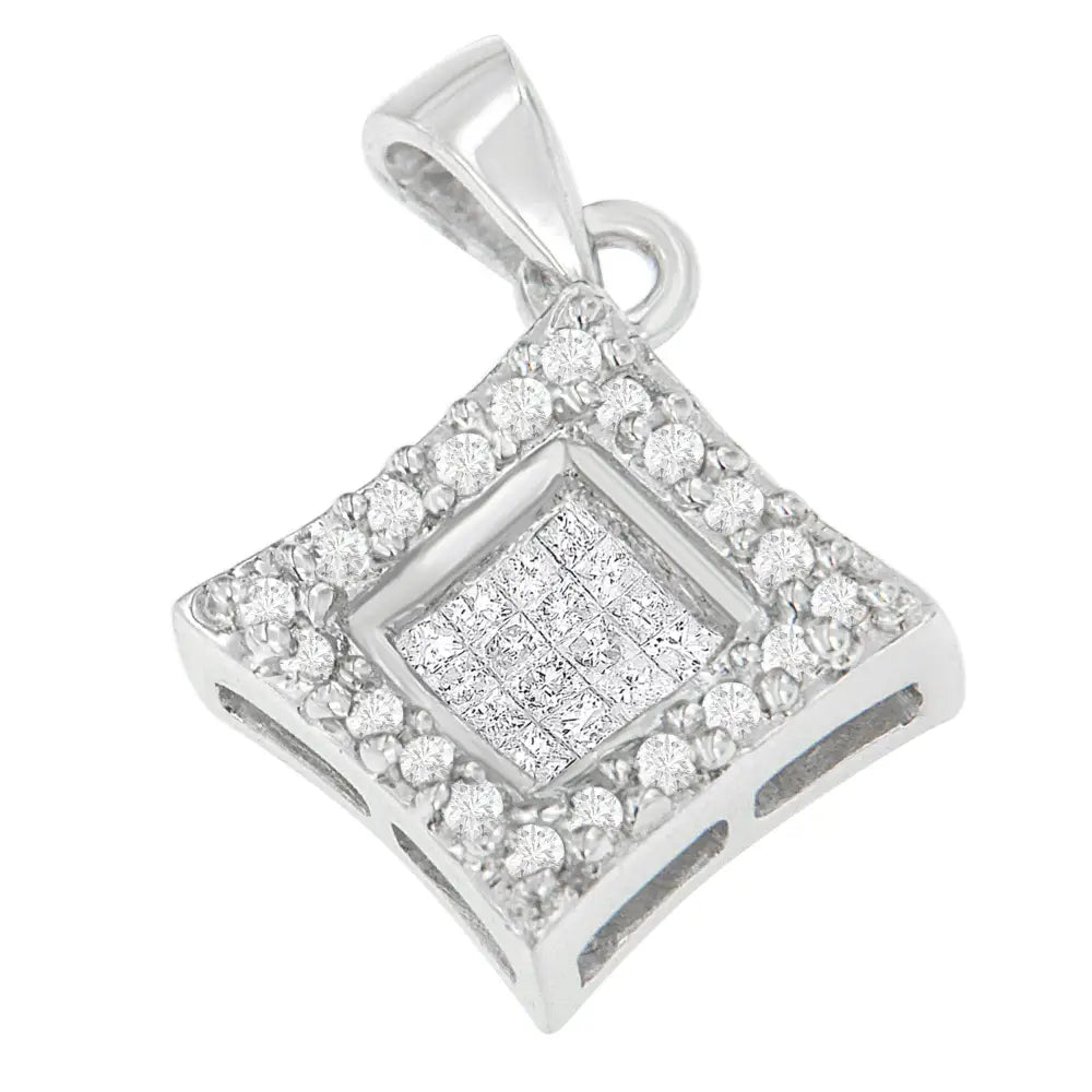 14k White Gold Round and Princess Cut Diamond Pendant Necklace (1/5 Cttw H-i Color Si1-si2 Clarity) - Fine Jewelry