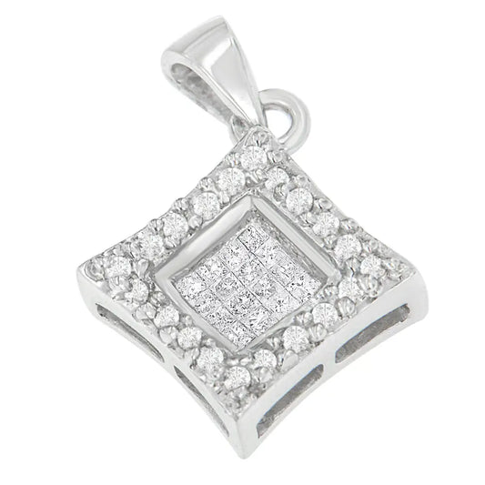 14k White Gold Round and Princess Cut Diamond Pendant Necklace (1/5 Cttw H-i Color Si1-si2 Clarity) - Fine Jewelry