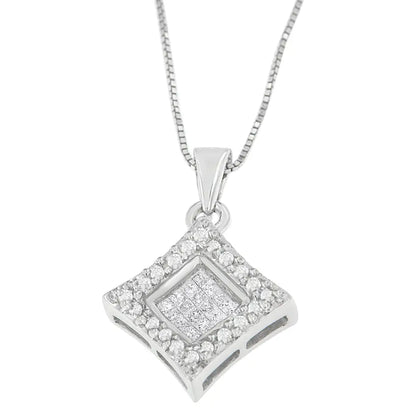 14k White Gold Round and Princess Cut Diamond Pendant Necklace (1/5 Cttw H-i Color Si1-si2 Clarity) - Fine Jewelry