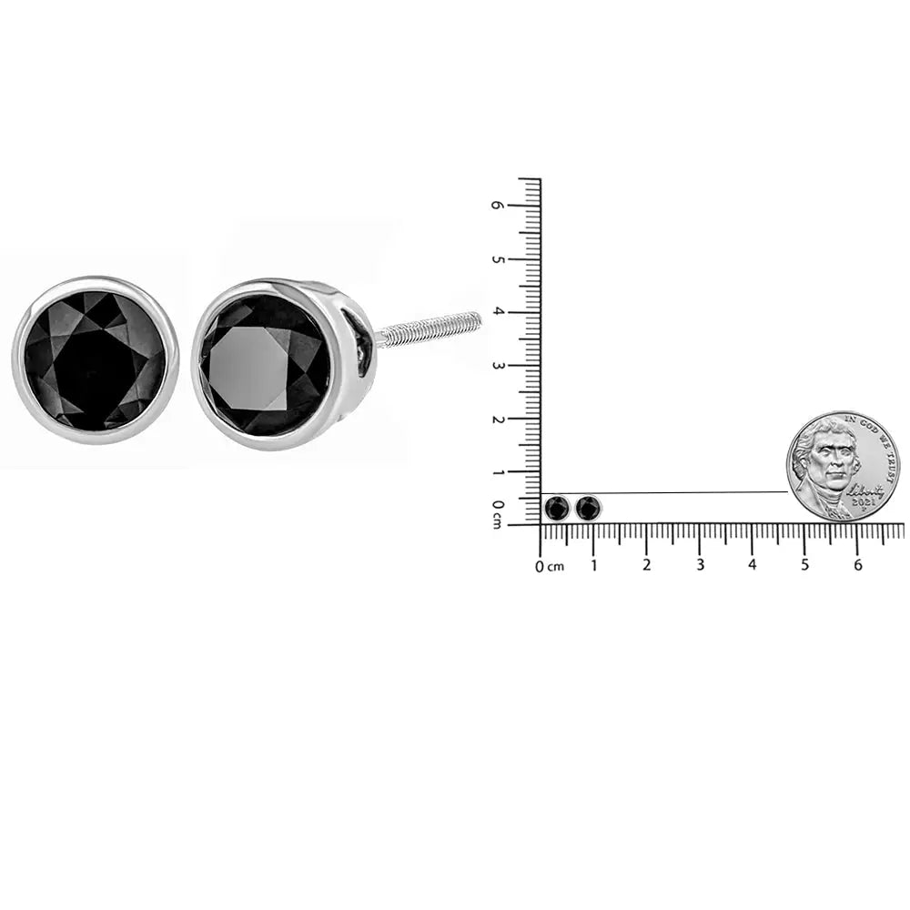 14k White Gold Round Brilliant-cut Black Diamond Bezel-set Stud Earrings with Screw Backs (fancy Color-enhanced I2-i3