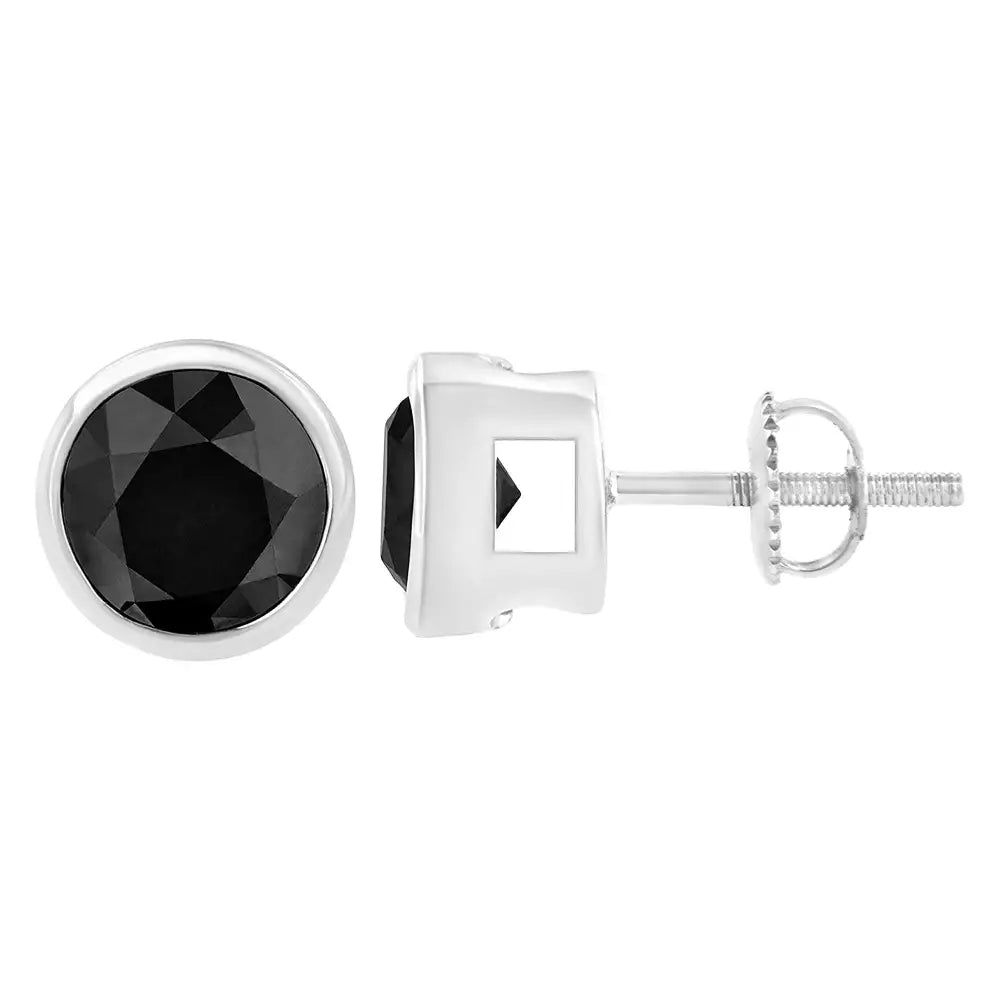 14k White Gold Round Brilliant-cut Black Diamond Bezel-set Stud Earrings with Screw Backs (fancy Color-enhanced I2-i3