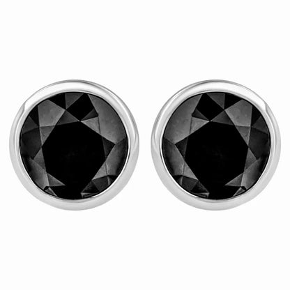 14k White Gold Round Brilliant-cut Black Diamond Bezel-set Stud Earrings with Screw Backs (fancy Color-enhanced I2-i3