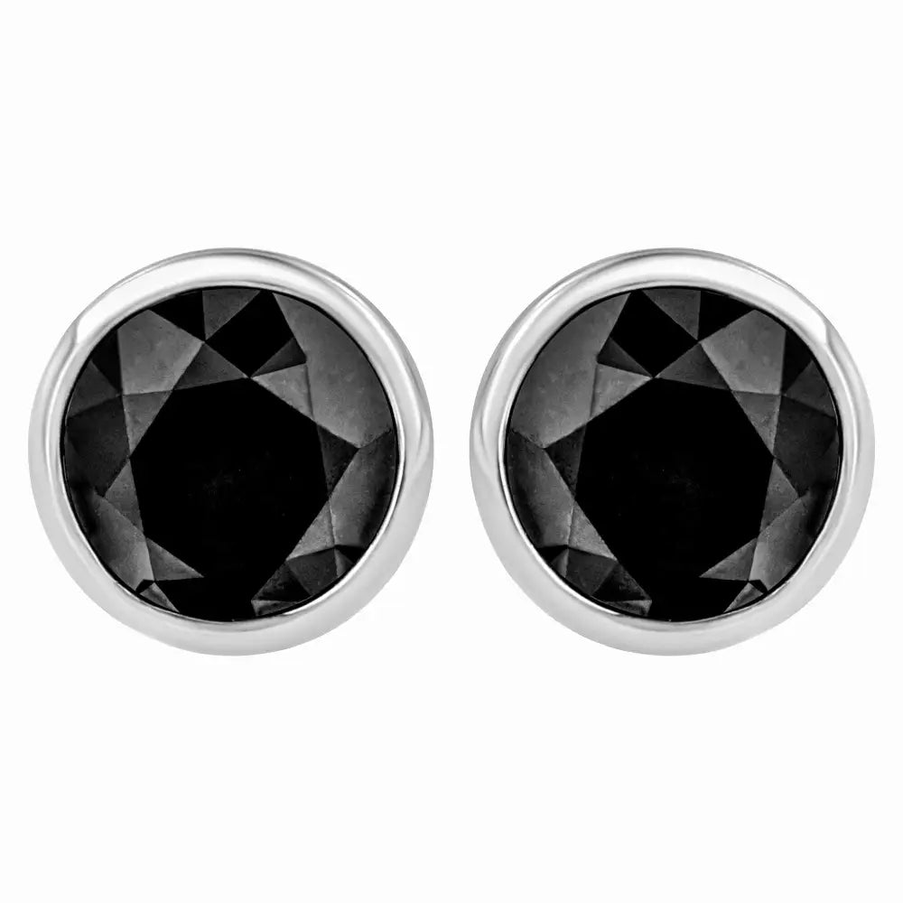 14k White Gold Round Brilliant-cut Black Diamond Bezel-set Stud Earrings with Screw Backs (fancy Color-enhanced I2-i3