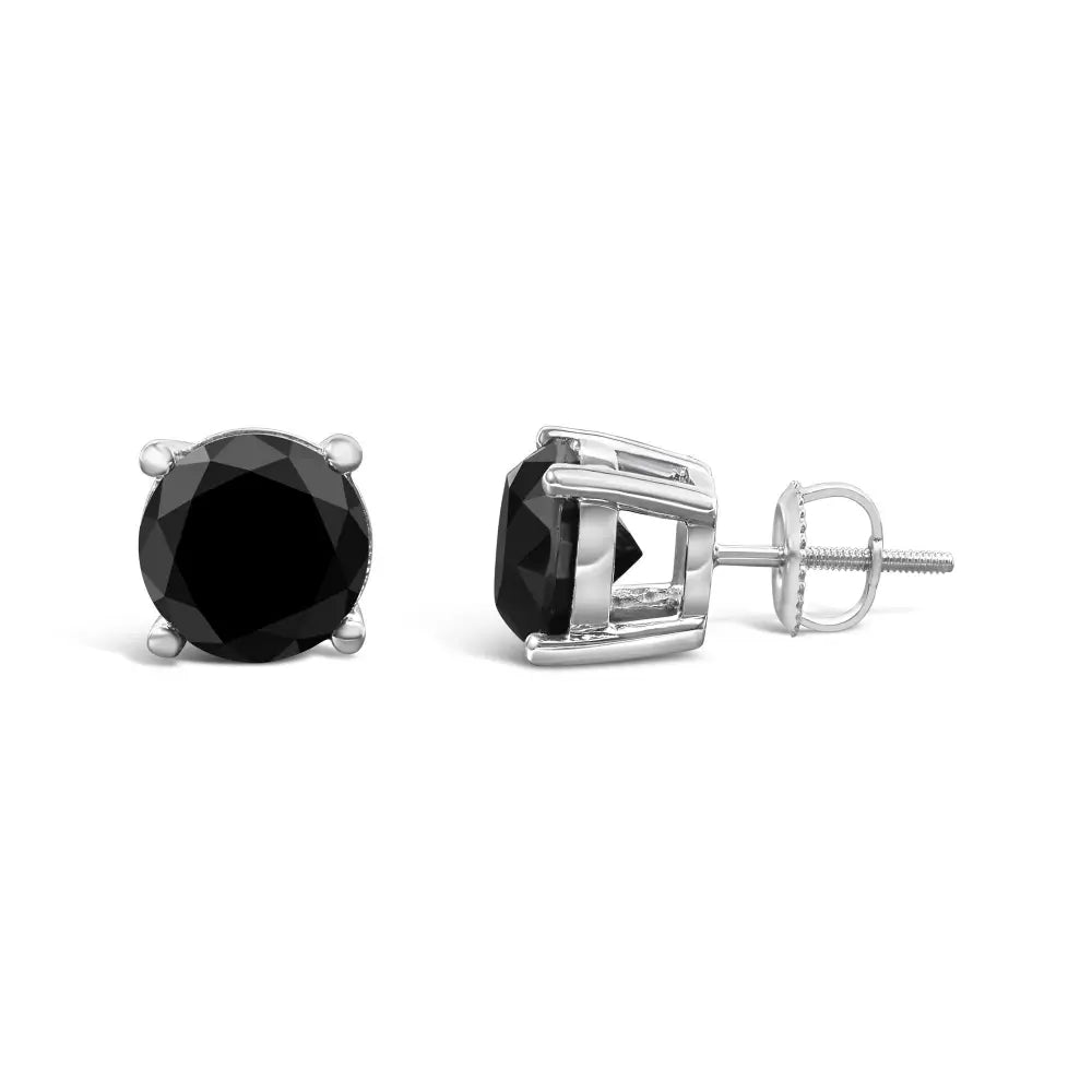 14k White Gold Round Brilliant-cut Black Diamond Classic 4-prong Stud Earrings with Screw Backs (fancy Color-enhanced