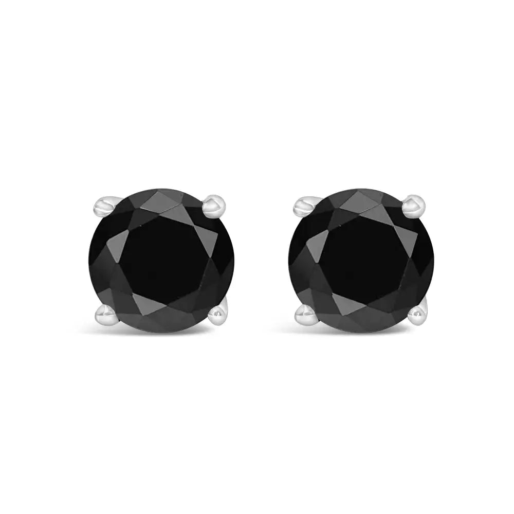 14k White Gold Round Brilliant-cut Black Diamond Classic 4-prong Stud Earrings with Screw Backs (fancy Color-enhanced