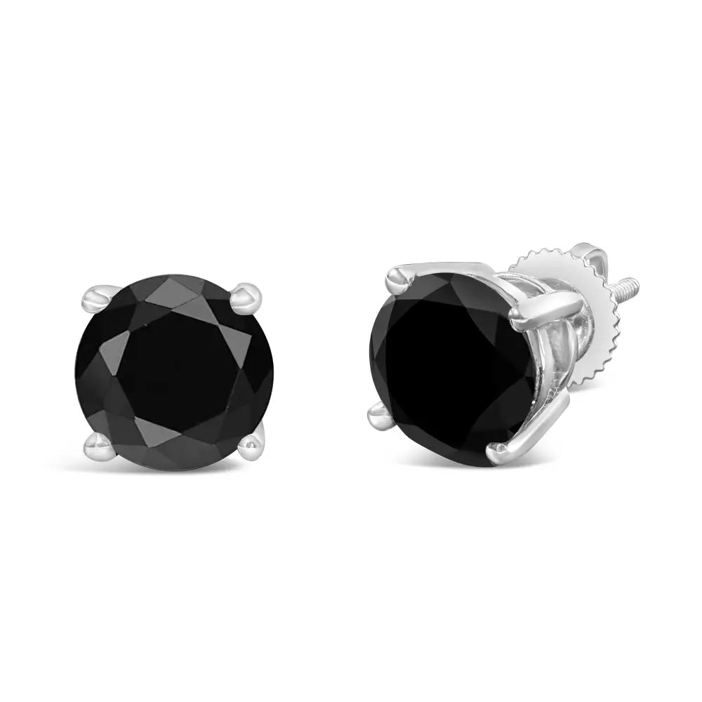 14k White Gold Round Brilliant-cut Black Diamond Classic 4-prong Stud Earrings with Screw Backs (fancy Color-enhanced