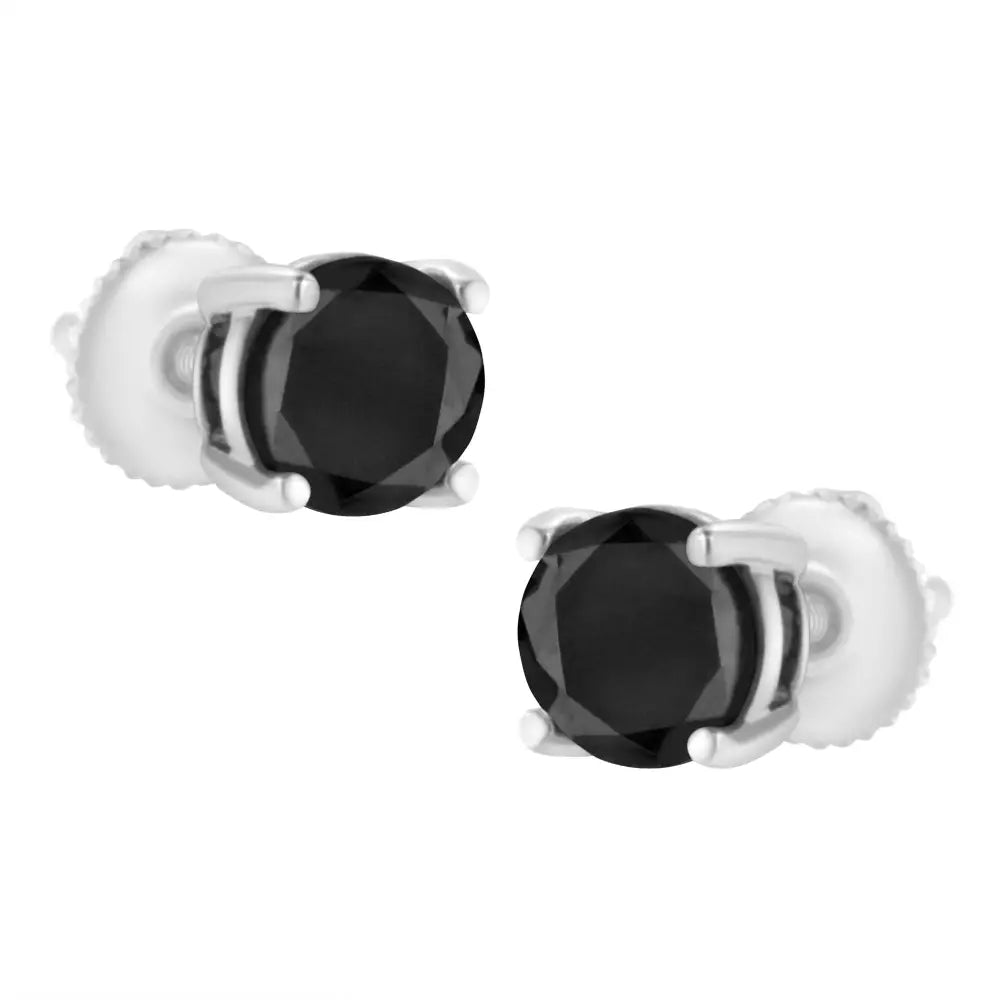 14k White Gold Round Brilliant-cut Black Diamond Classic 4-prong Stud Earrings with Screw Backs (fancy Color-enhanced