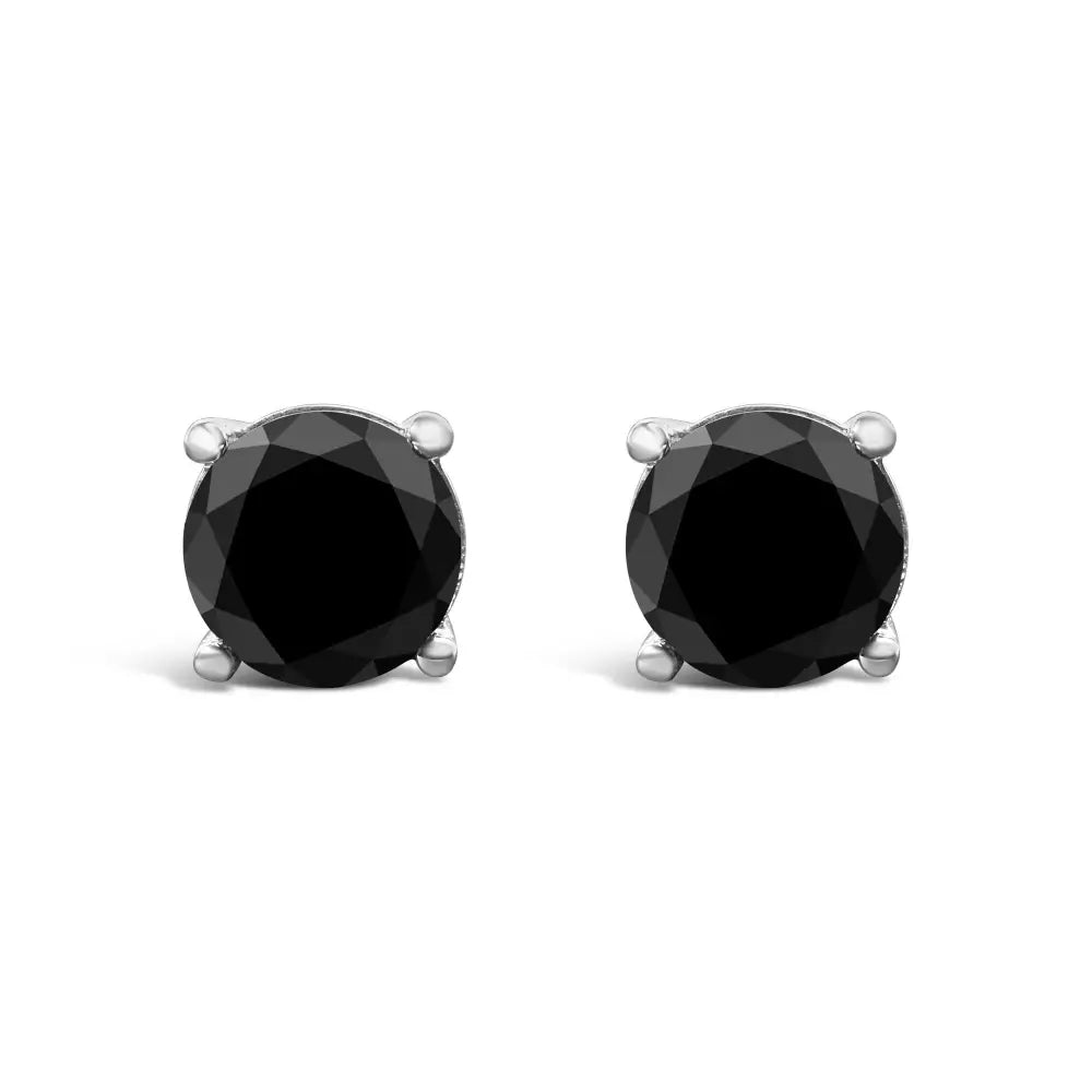 14k White Gold Round Brilliant-cut Black Diamond Classic 4-prong Stud Earrings with Screw Backs (fancy Color-enhanced