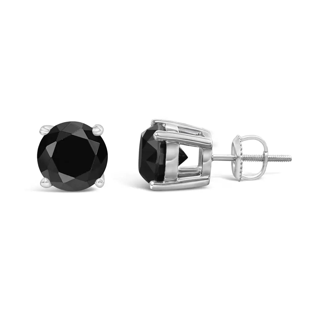 14k White Gold Round Brilliant-cut Black Diamond Classic 4-prong Stud Earrings with Screw Backs (fancy Color-enhanced