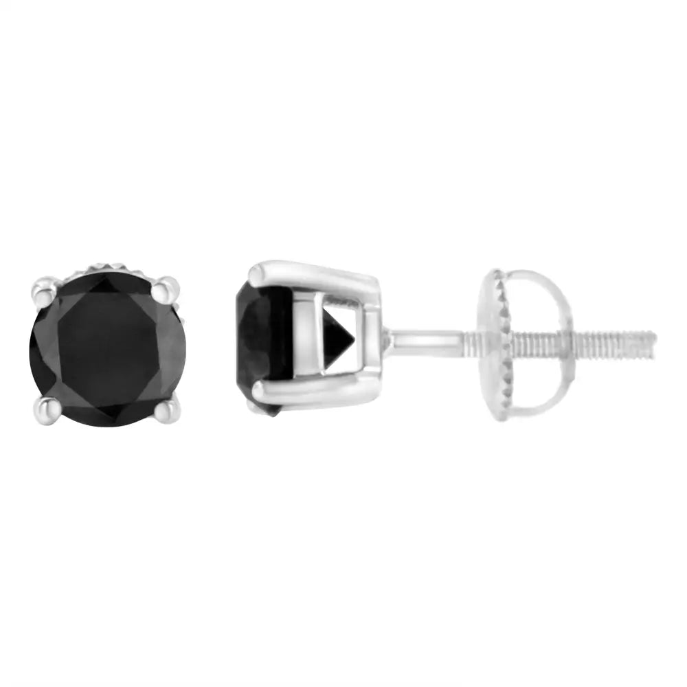 14k White Gold Round Brilliant-cut Black Diamond Classic 4-prong Stud Earrings with Screw Backs (fancy Color-enhanced