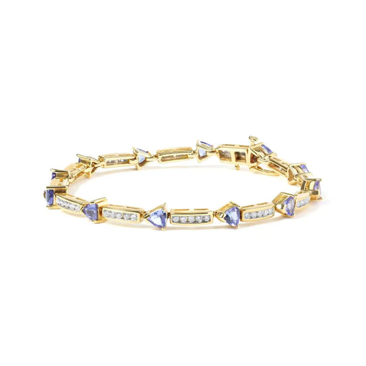 14k Yellow 5mm Trillion Cut Blue Tanzanite and 1 1/10 Cttw Diamond Tennis 7’’ Inches Bracelet (h-i Color I1-i2