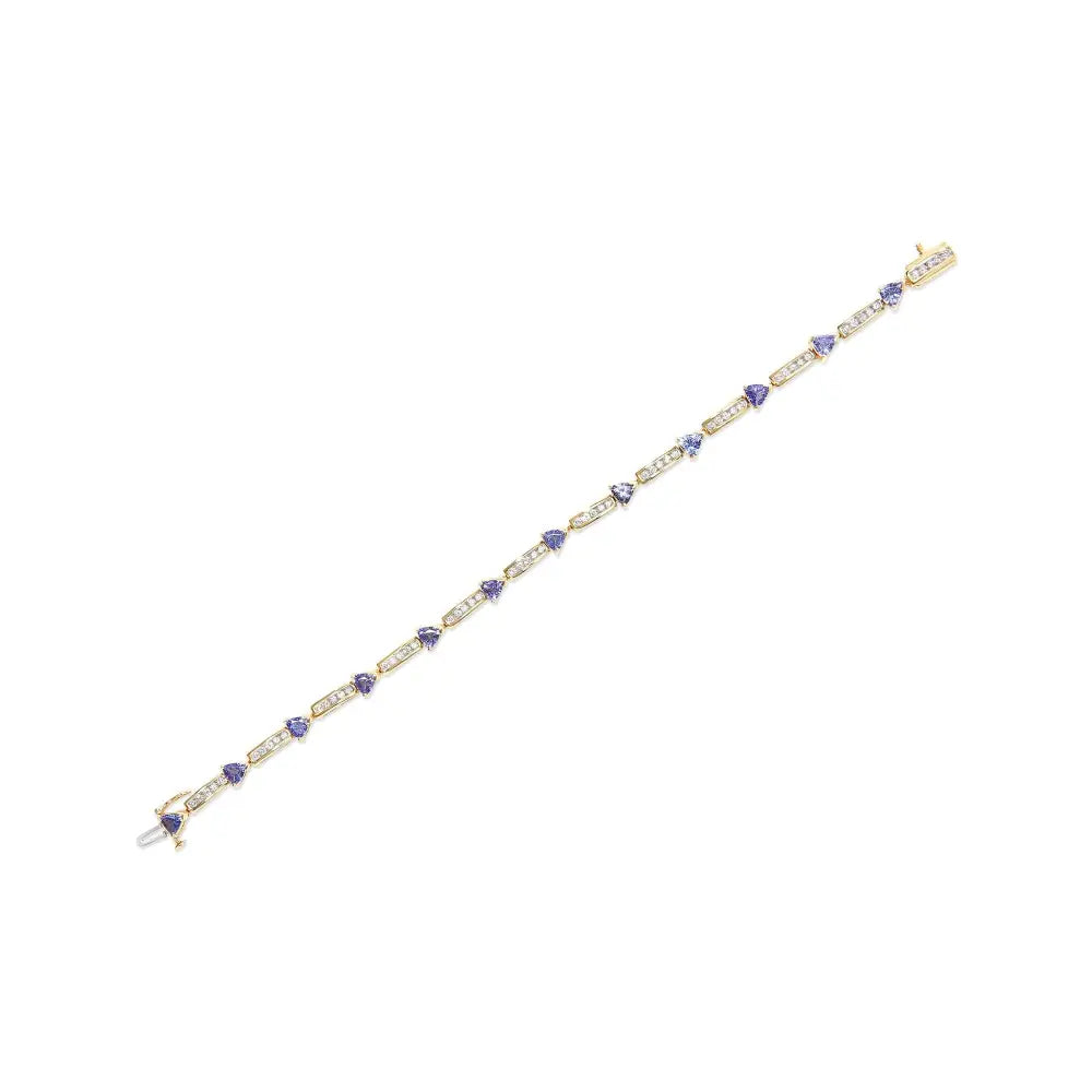 14k Yellow 5mm Trillion Cut Blue Tanzanite and 1 1/10 Cttw Diamond Tennis 7’’ Inches Bracelet (h-i Color I1-i2