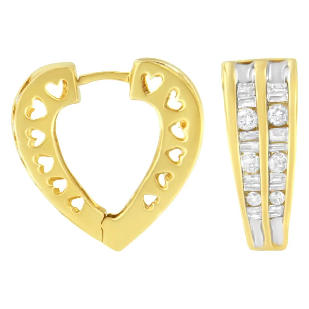 14k Yellow and White Gold 1.0 Cttw Channel Set Round Baguette Diamond Multi Row Huggy Hoop Earrings (i-j Color I2-i3