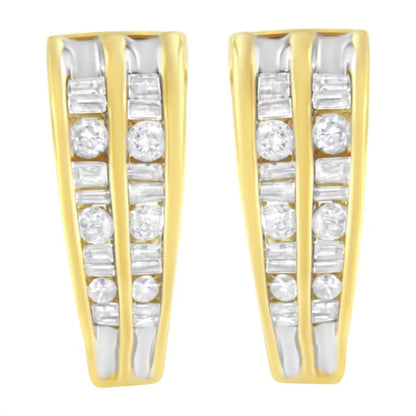 14k Yellow and White Gold 1.0 Cttw Channel Set Round Baguette Diamond Multi Row Huggy Hoop Earrings (i-j Color I2-i3