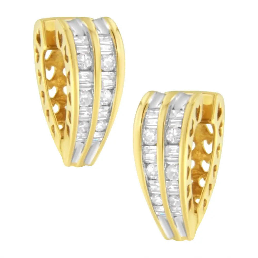 14k Yellow and White Gold 1.0 Cttw Channel Set Round Baguette Diamond Multi Row Huggy Hoop Earrings (i-j Color I2-i3