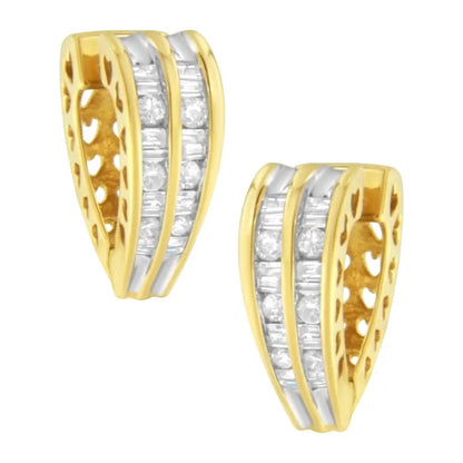 14k Yellow and White Gold 1.0 Cttw Channel Set Round Baguette Diamond Multi Row Huggy Hoop Earrings (i-j Color I2-i3