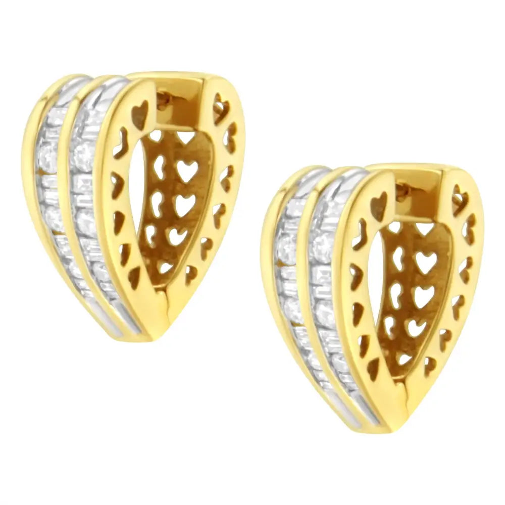 14k Yellow and White Gold 1.0 Cttw Channel Set Round Baguette Diamond Multi Row Huggy Hoop Earrings (i-j Color I2-i3