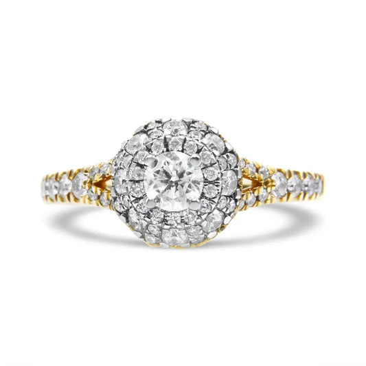 14k Yellow and White Gold 1.00 Cttw Split Shank Halo Floral Diamond Engagement Ring (I-j Color I1-i2 Clarity) - Fine