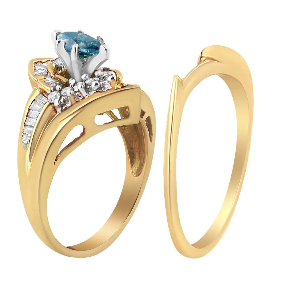 14k Yellow and White Gold 1 1/4 Cttw Treated Blue Diamond Cocktail Ring Set (h-i Color Si1-si2 Clarity) - Fine Jewelry