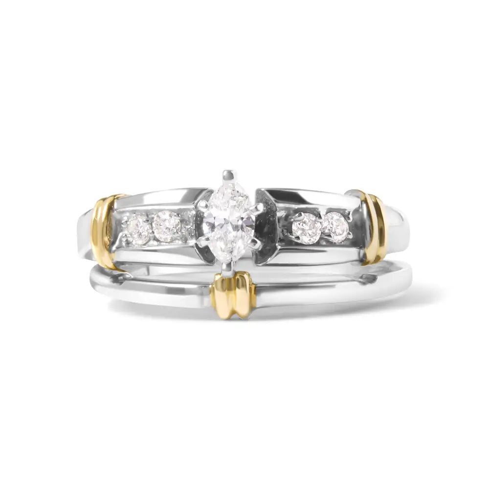 14k Yellow and White Gold 1/3 Cttw Marquise Diamond Cocktail Engagement Ring Set (h-i Color Si1-si2 Clarity) - Fine