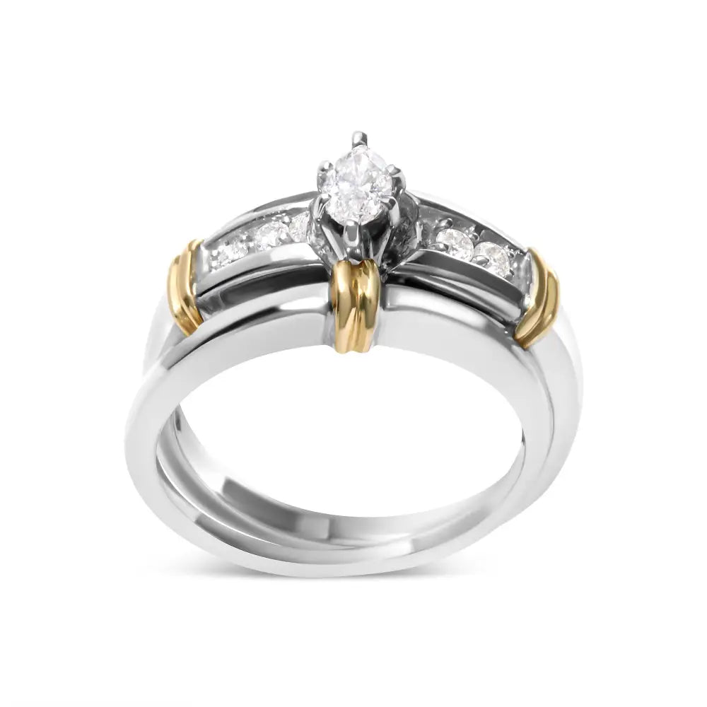 14k Yellow and White Gold 1/3 Cttw Marquise Diamond Cocktail Engagement Ring Set (h-i Color Si1-si2 Clarity) - Fine