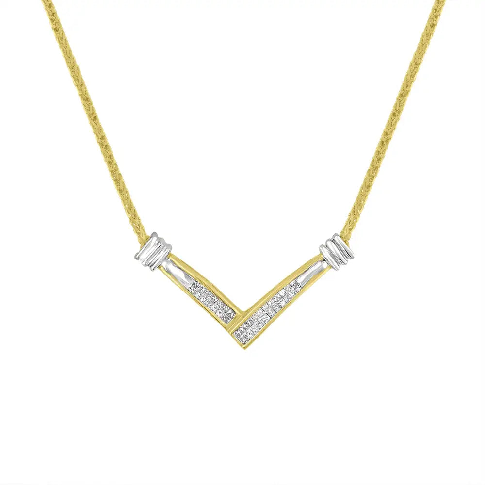 14k Yellow and White Gold 1/4 Cttw Princess Cut Diamond Channel-set ?V” Shape 18’’ Pendant Necklace (h-i Color