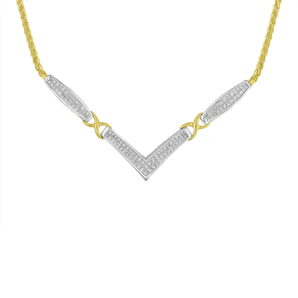 14k Yellow and White Gold 2.0 Cttw Princess Cut Diamond Flared X-station v Shaped 18” Franco Chain Statement Necklace